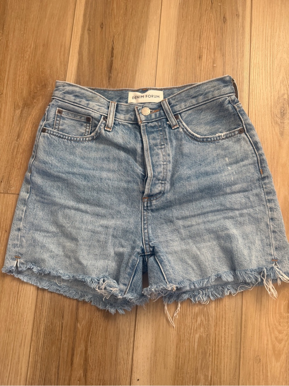 Denim Forum Light Blue High-Rise Frayed Hem Denim Shorts
